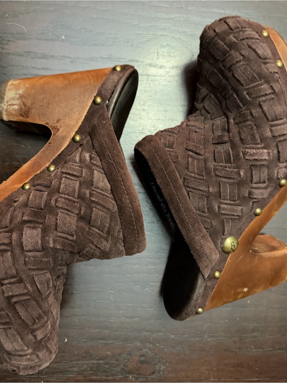UGG Brown Suede Basketweave Platform Clogs with Brass Studs